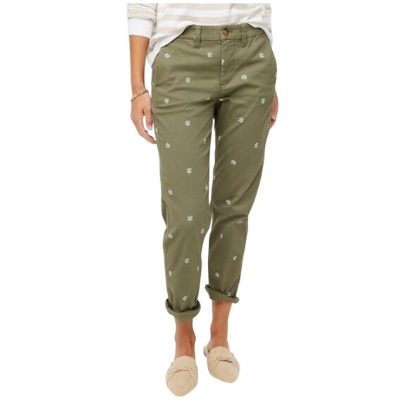 J. Crew Womens Sz 4 High-Rise Girlfriend Chino Pants Olive Green Daisy Print NWT - Picture 1 of 16